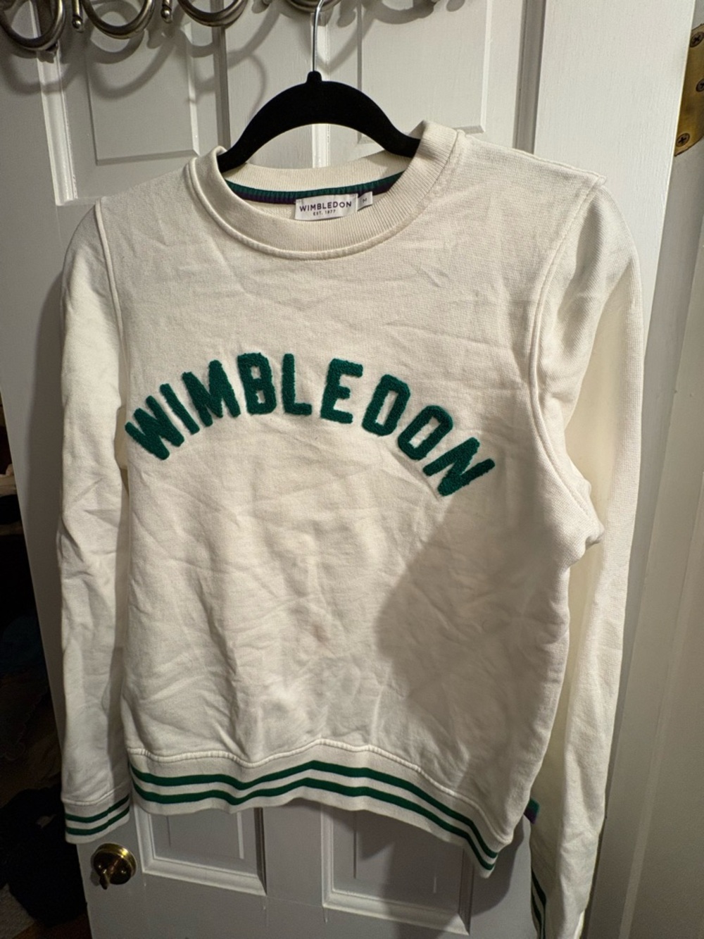 Wimbledon Cream Crewneck with Green Varsity Lettering